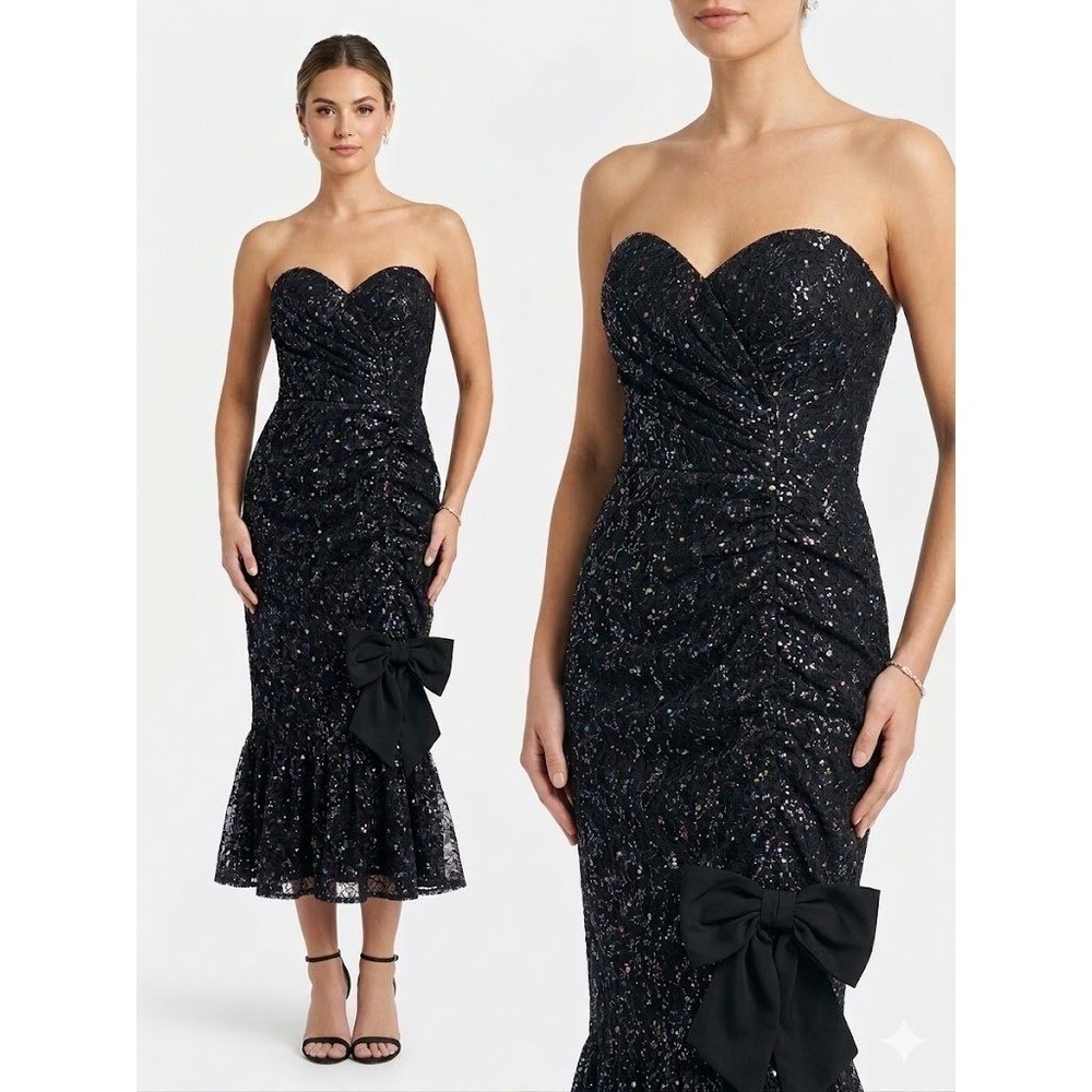 Scaasi Boutique Strapless Cocktail Dress Womens 8 Black Metallic Lace VTG 80s
